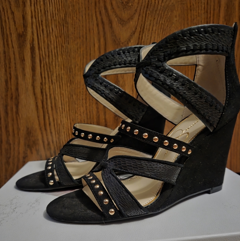 Jessica Simpson Zenolia Black Strappy Wedge Sandals Size 6